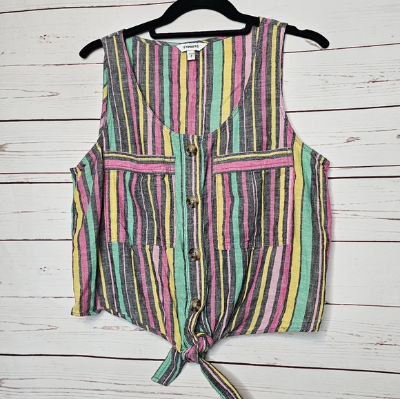 Express Tops - Express Striped Tie Waist Linen Blend Top